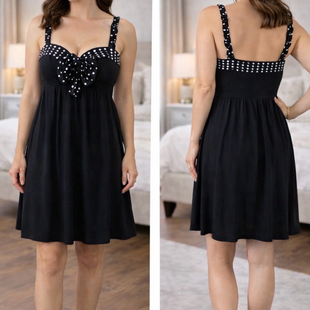 Sue Wong 100% Silk Black Polka Dot Trim Mini Dress